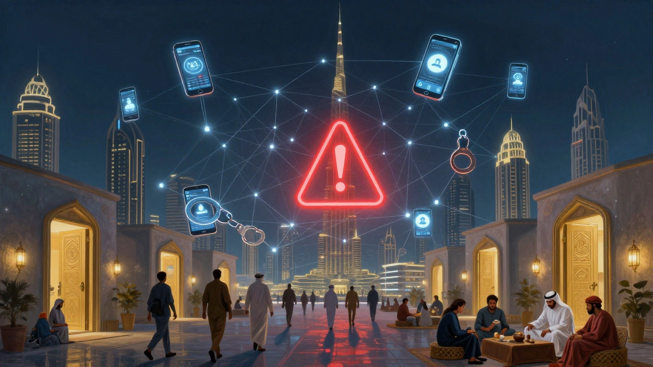 A glowing digital net over Dubai&#039;s skyline connecting phones and hotels to a handcuff warning symbol.