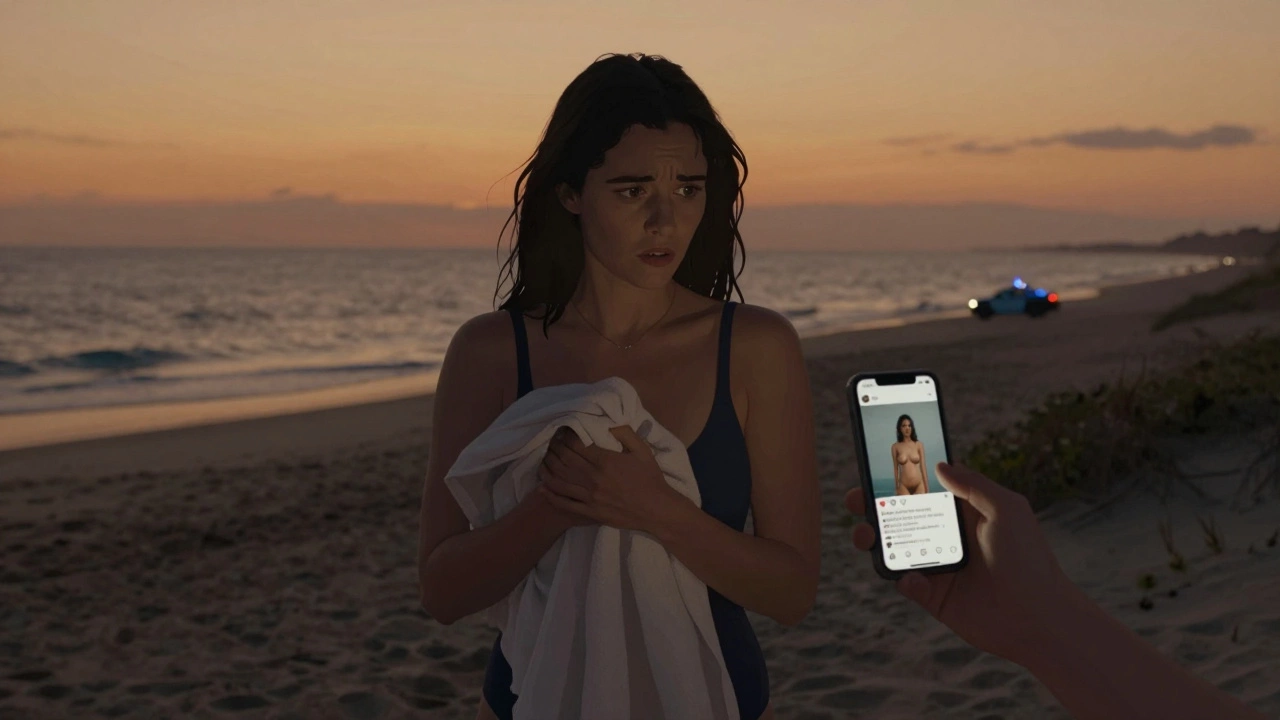 A woman on a beach at sunset, looking nervously at her phone, modest swimwear, police car in distance.