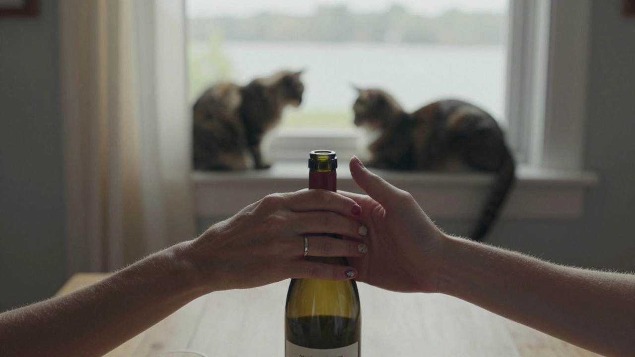 Two hands touching over a bottle of wine, a cat by the window in a quiet kitchen.